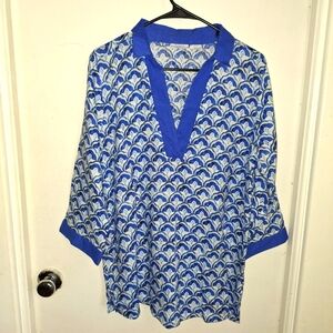 Sigrid Olsen Blue White Linen Tunic Top Size Large